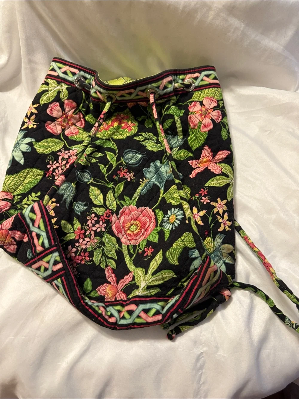 Vera Bradley Botanica Pattern Floral Drawstring Bucket Bag in Black,Pink & Green